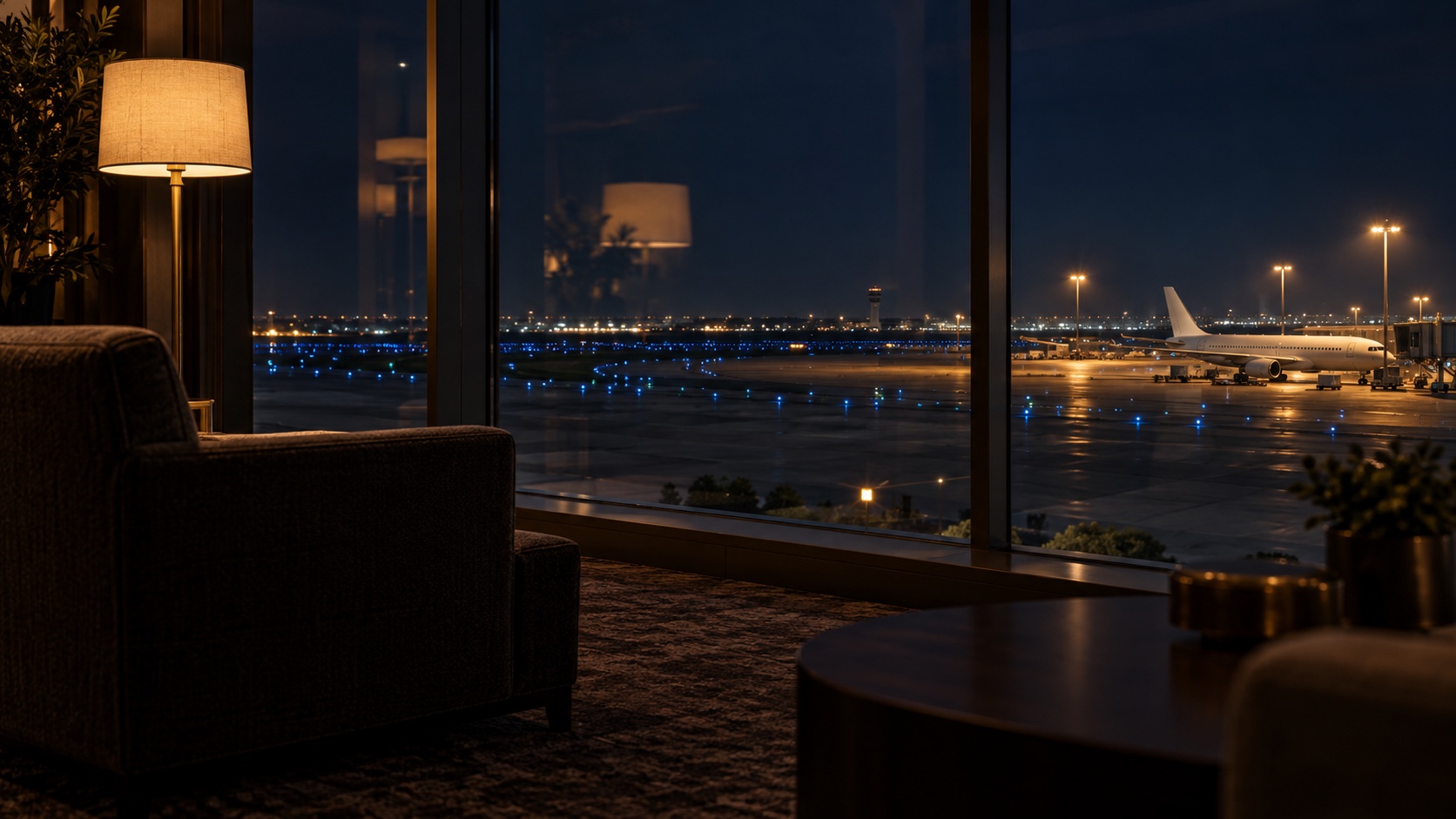夜の空港を望むホテルラウンジのAI生成イメージ。実際の開催会場ではありません